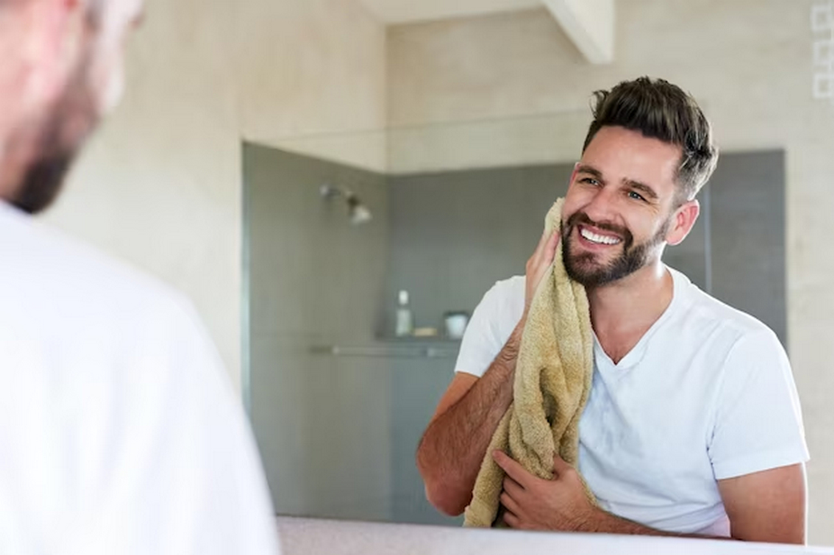 Man drying his face with a towel in front of a bathroom mirror.