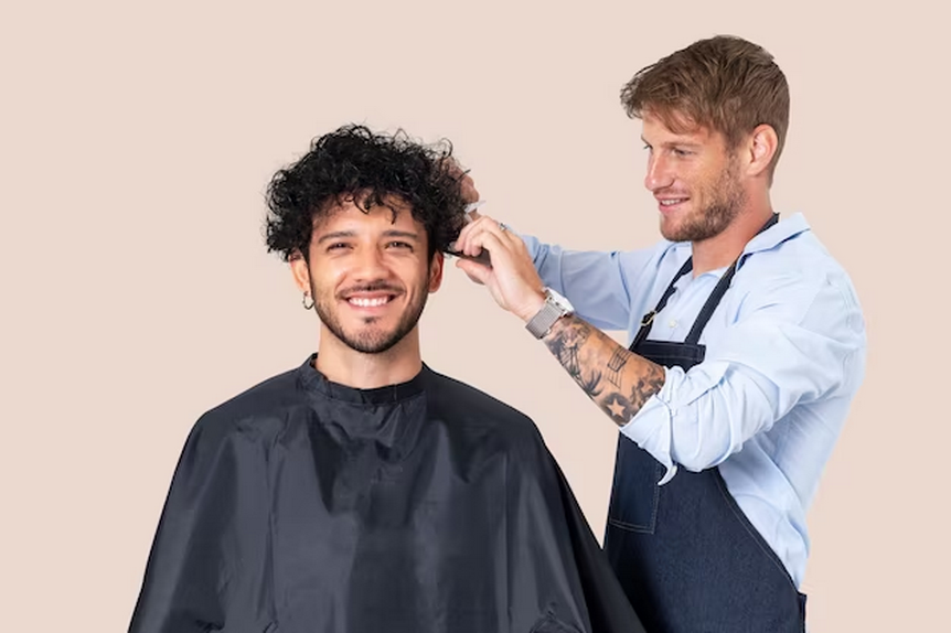 Barber cutting curly-haired man's hair.