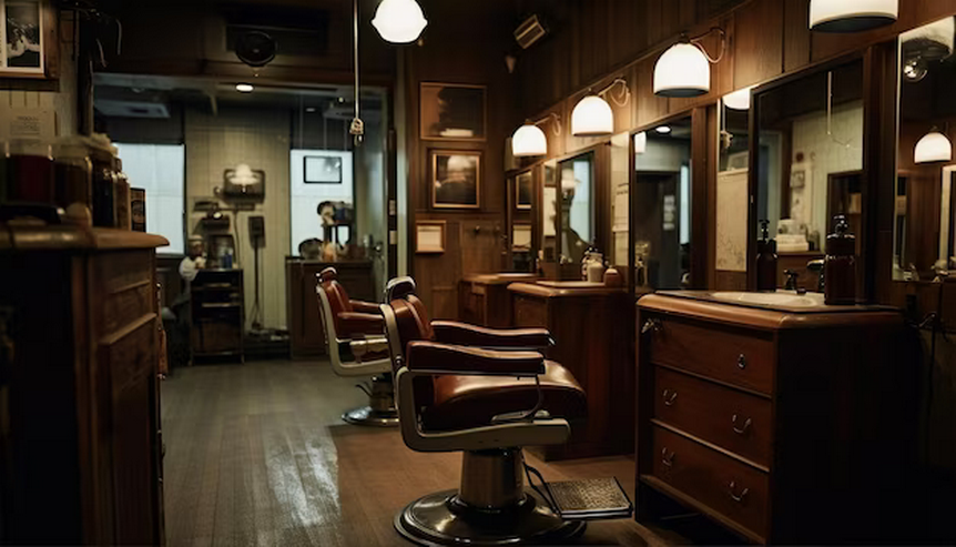 Barbershop with leather chairs and wooden furniture