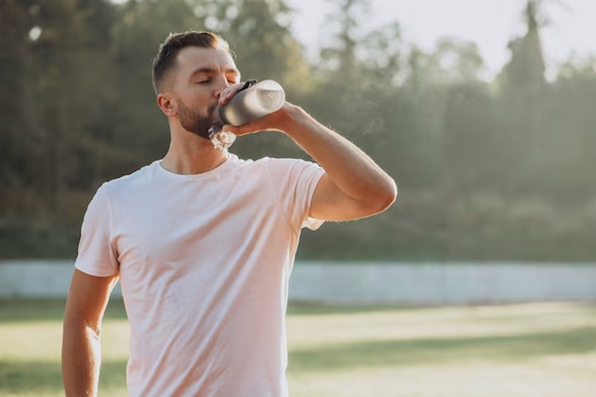 Bearded man drinking water outdoors