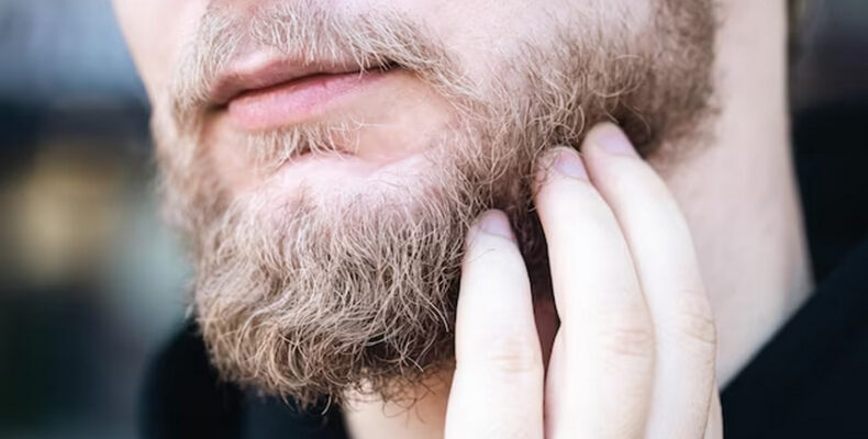 Close-up of a man's beard being held by the man