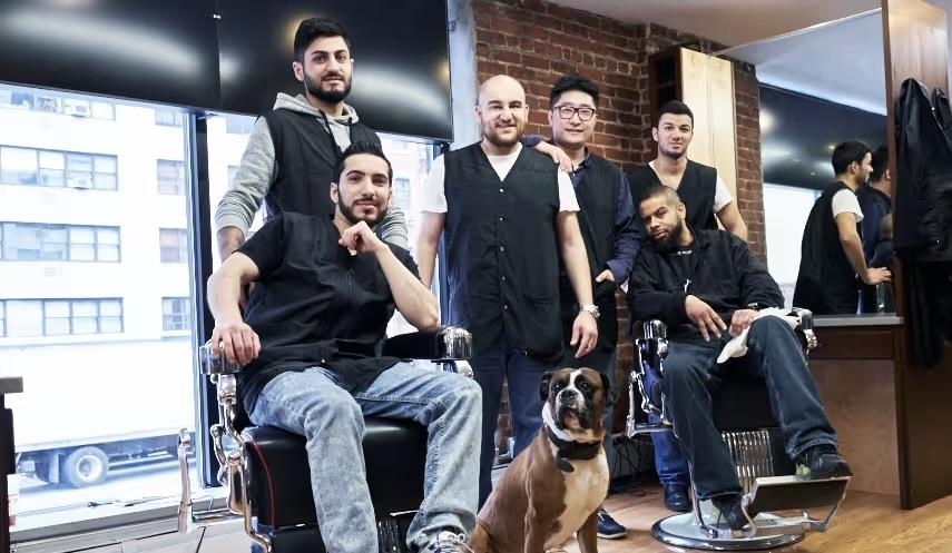 Hairdressing team and dog