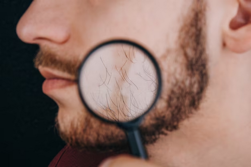 Magnifying glass examining a man's beard