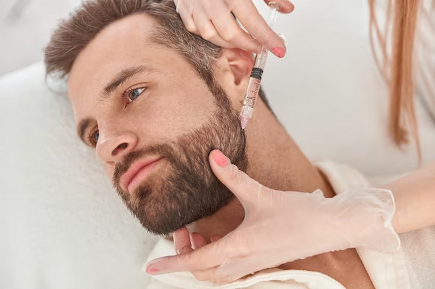 Person injecting substance into a man's beard
