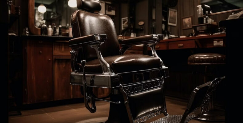 Vintage barber chair in a dimly lit shop with grooming products on shelves